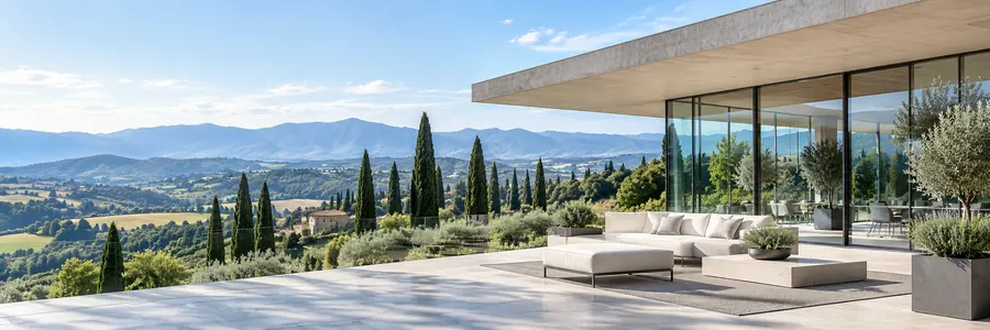 Una terrazza con vetrate e divani affacciata sulle colline con i cipressi