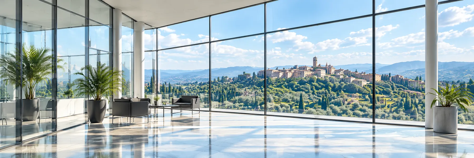 Un ufficio luminoso con le vetrate affacciate sul borgo di Pomarance e sulle colline